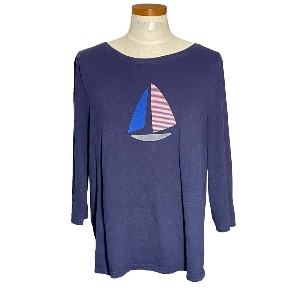 Talbots Factory Blue Long Sleeve Bateau Neck Tee Shirt Top Sailboat Graphic SzXL